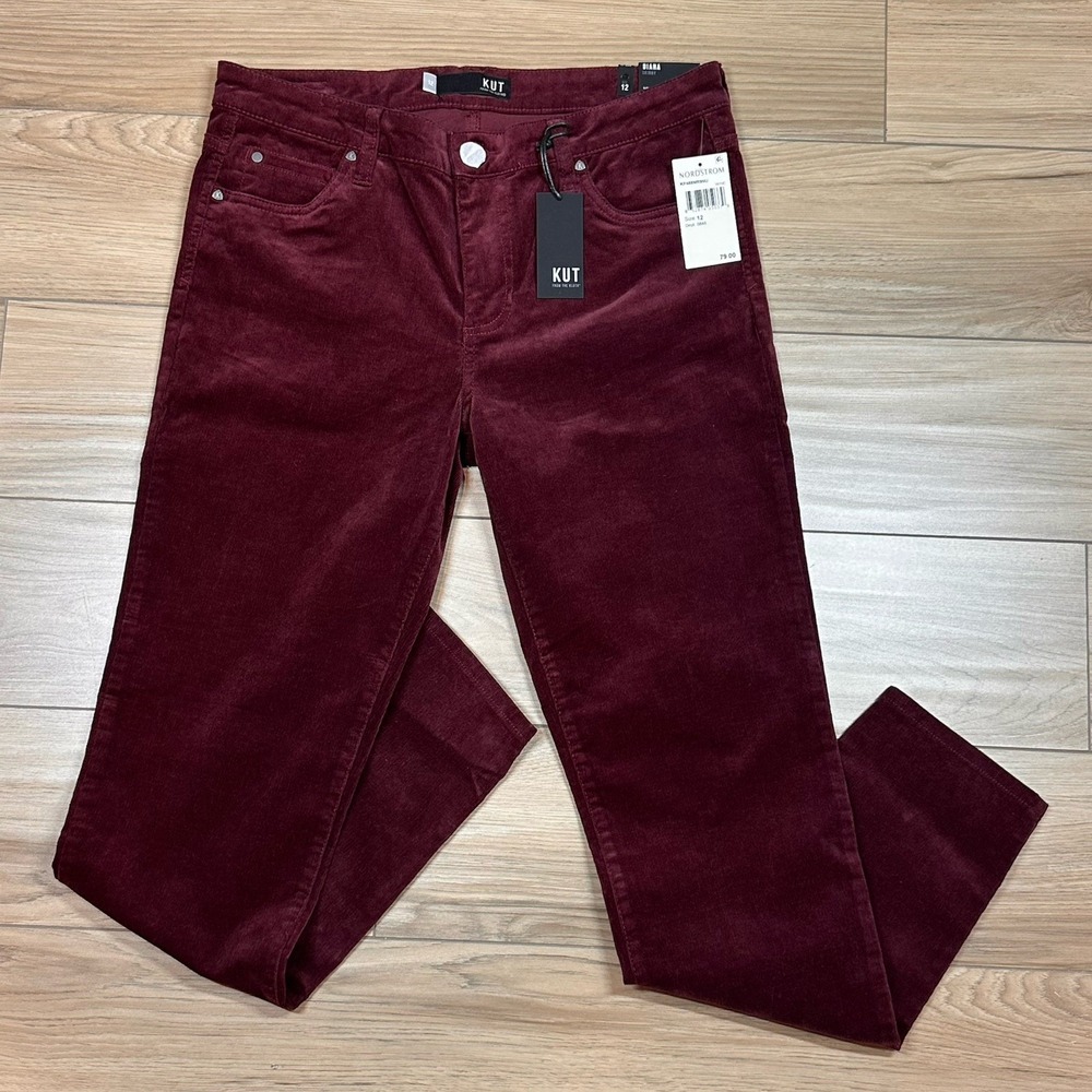 Kut From The Kloth Diana Woman Skinny Pants 12 Wine Burgundy Trendy Velour